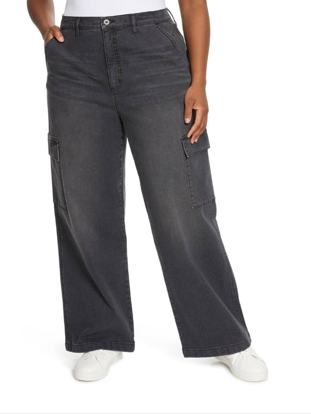 Jessica Simpson Washed Black Wide-Leg Cargo Jeans